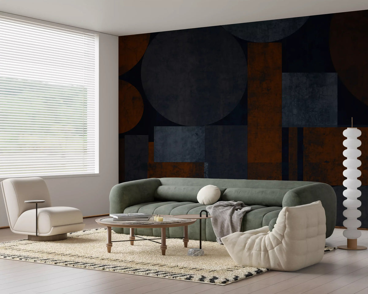 Rust and charcoal geometric wall mural set behind a moody living room, GD10853
