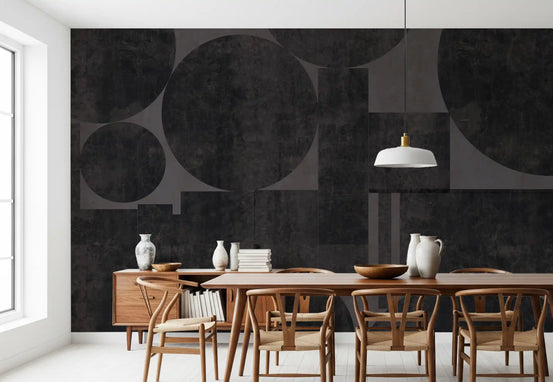 Industrial Charcoal geometric wall mural set behind a dining room GD10854
