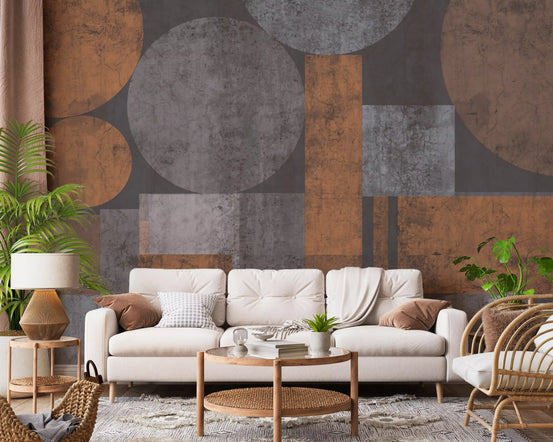 Copper and concrete brutalist abstract wall mural behind a warm living room, GD10859
