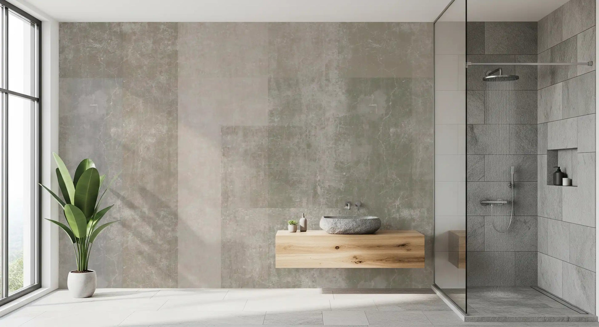 bathroom styled around the muted geometric concrete panels wall mural GD10863
