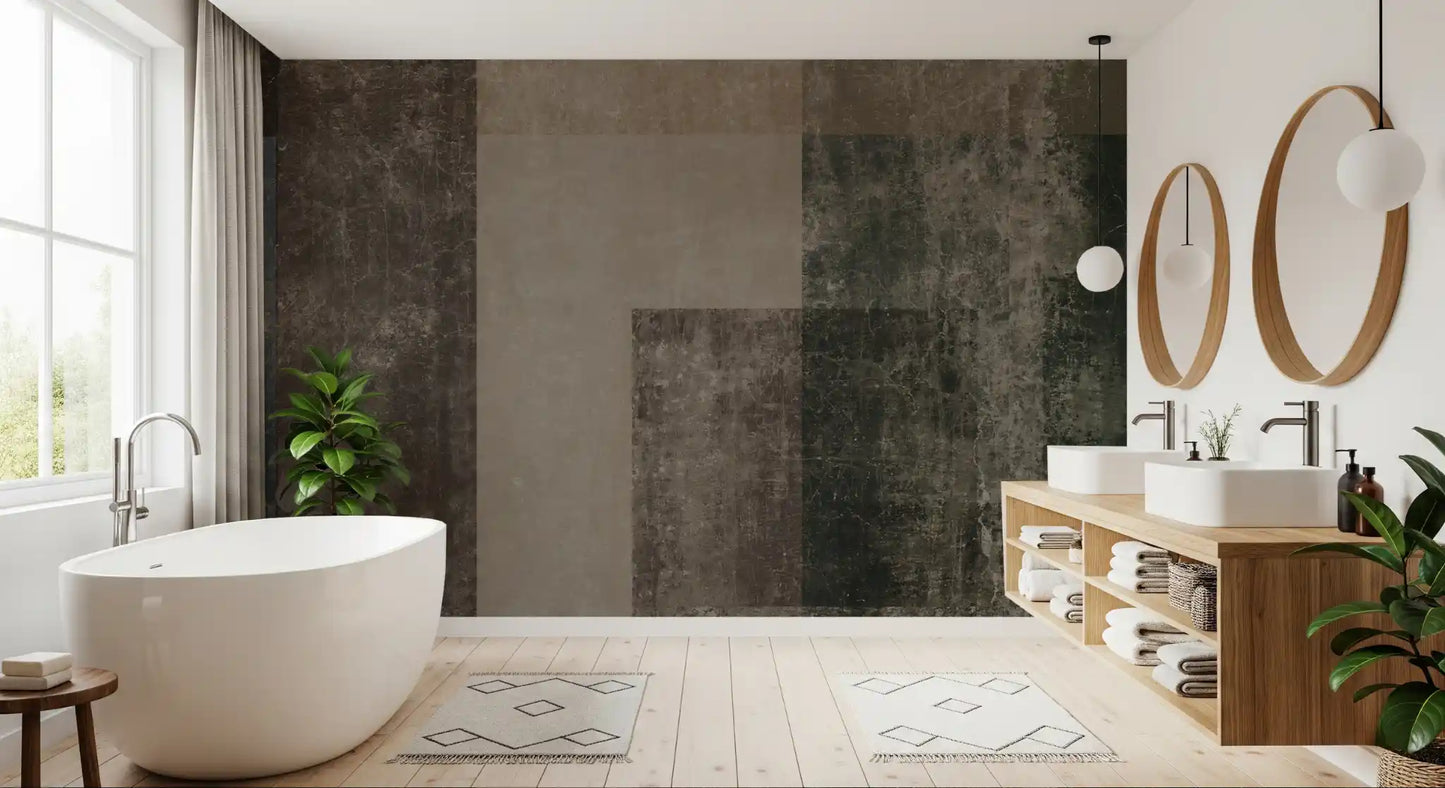 Brown and olive color block wall mural lining a calm bathroom , GD10864