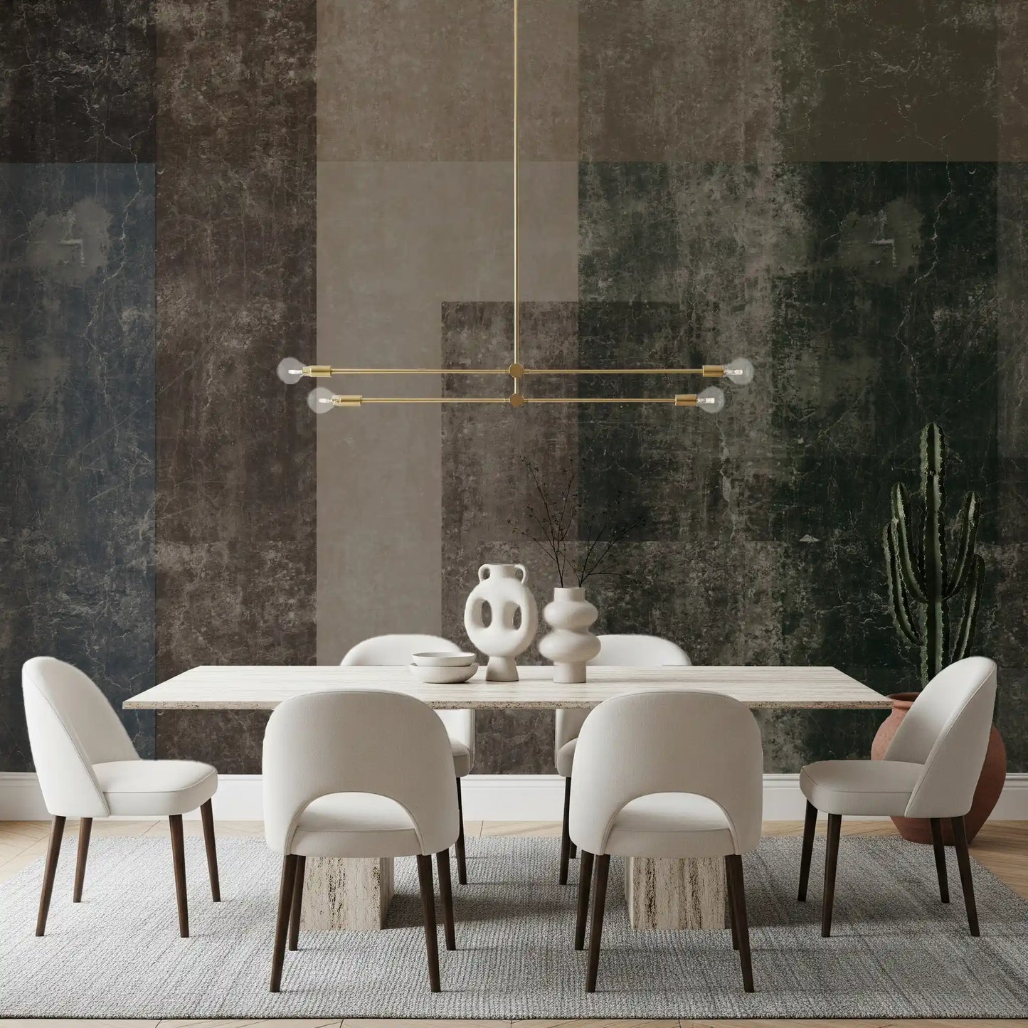 Navy and brown color block wall mural set behind a calm dining room, GD10864
