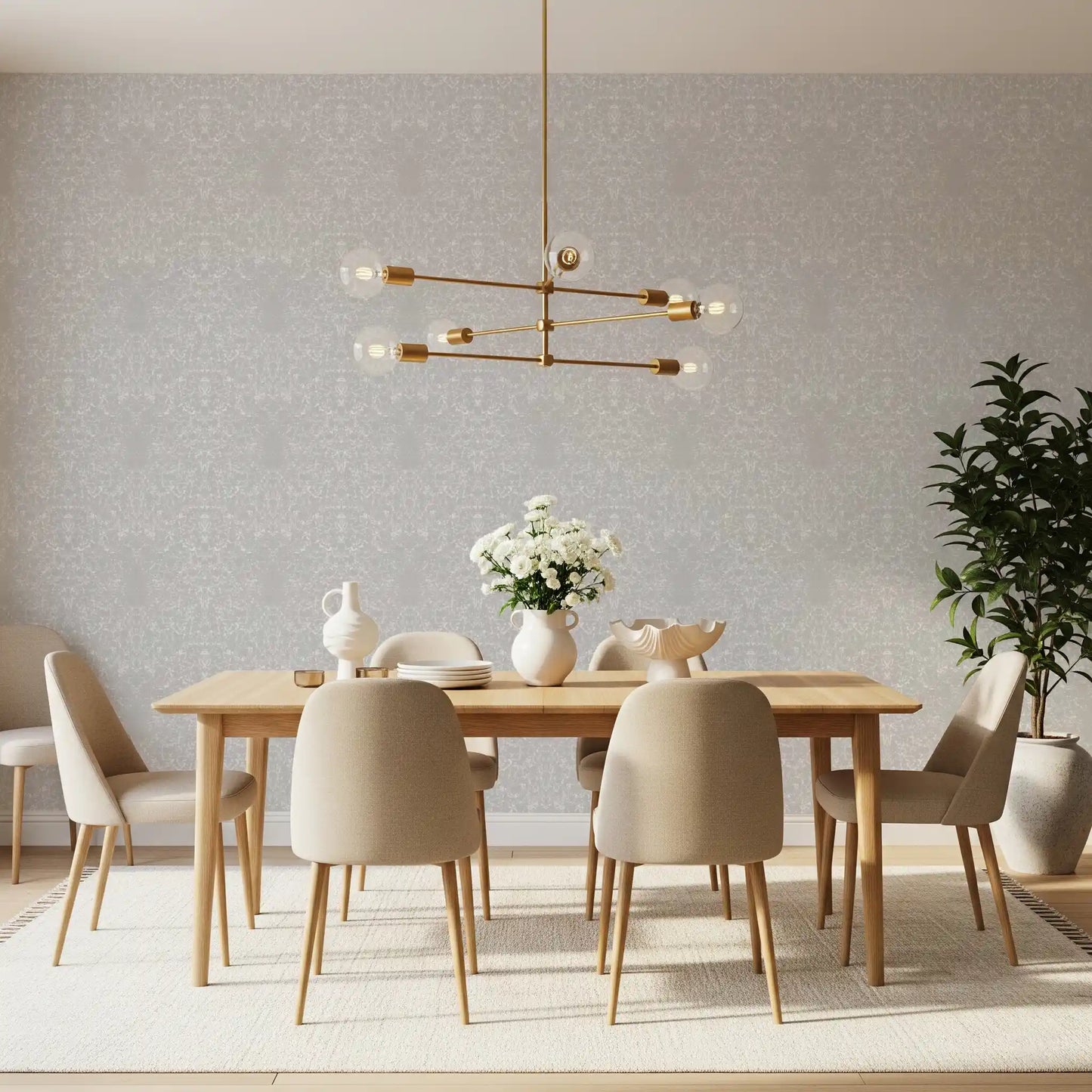 Alabaster plaster wallpaper behind an airy dining room setting, GD10865
