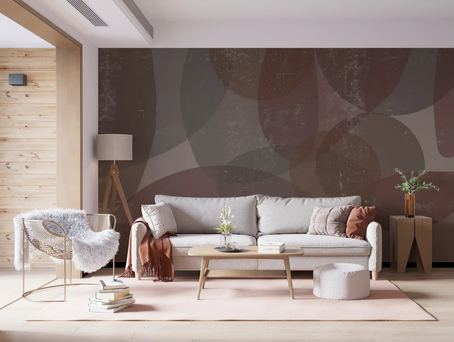 Sepia and taupe pebbles run across a lounge on this abstract wall mural GD10868

