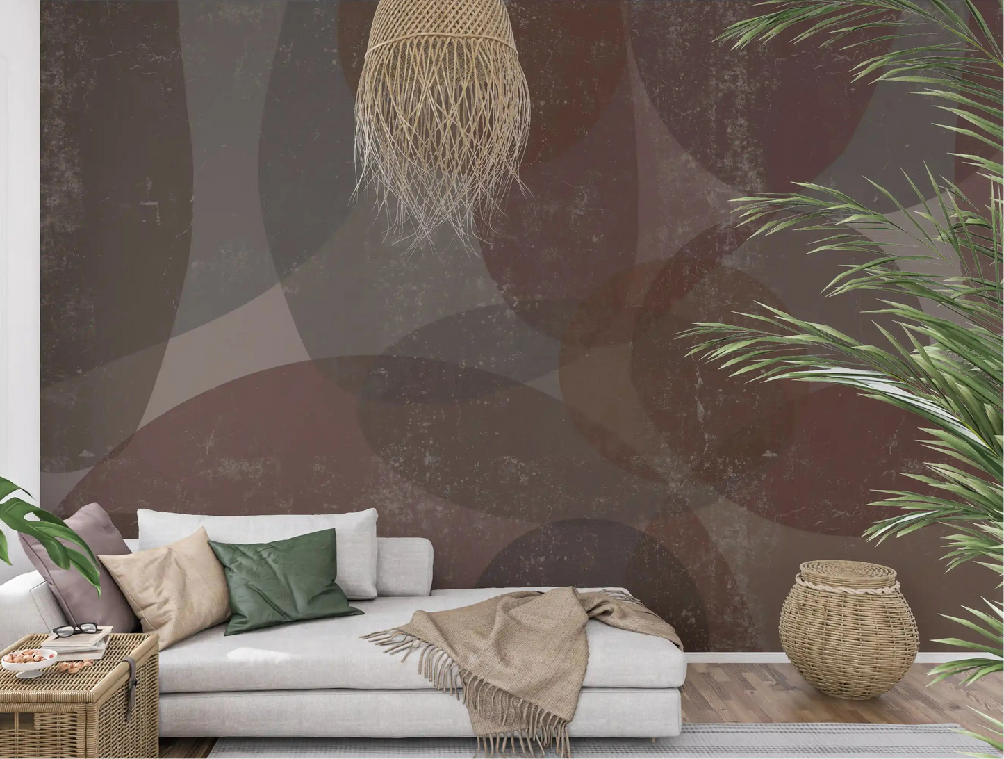 Rustic earth tones pebble wall mural spanning a calm living room GD10868