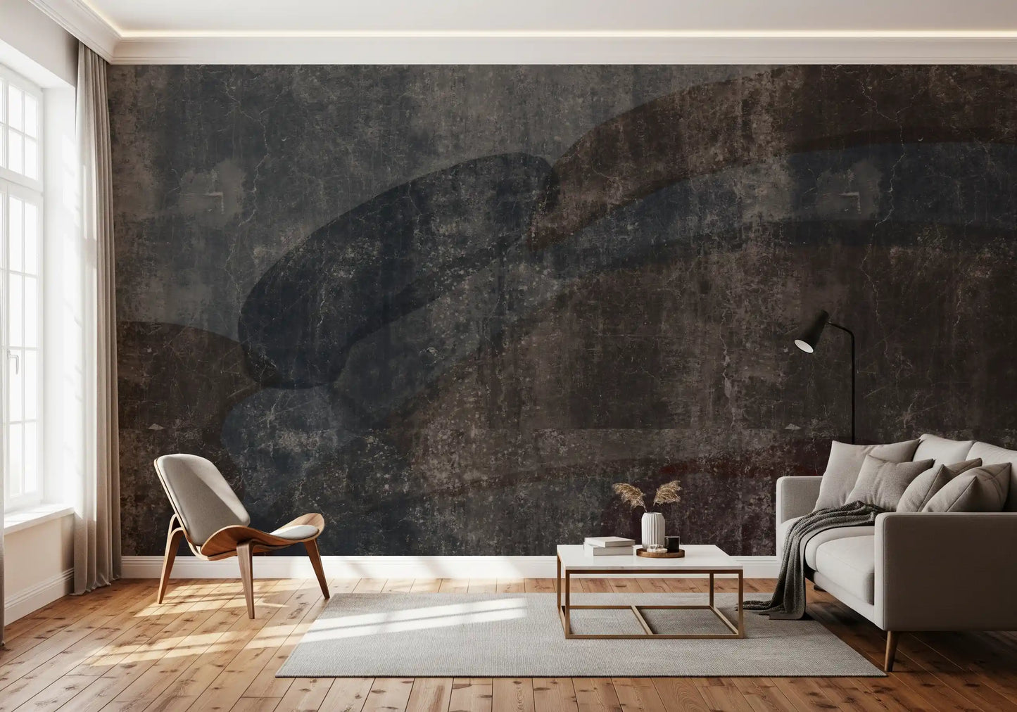 Grainy matte surface shaping the curvilinear slate wall mural motif, GD10869
