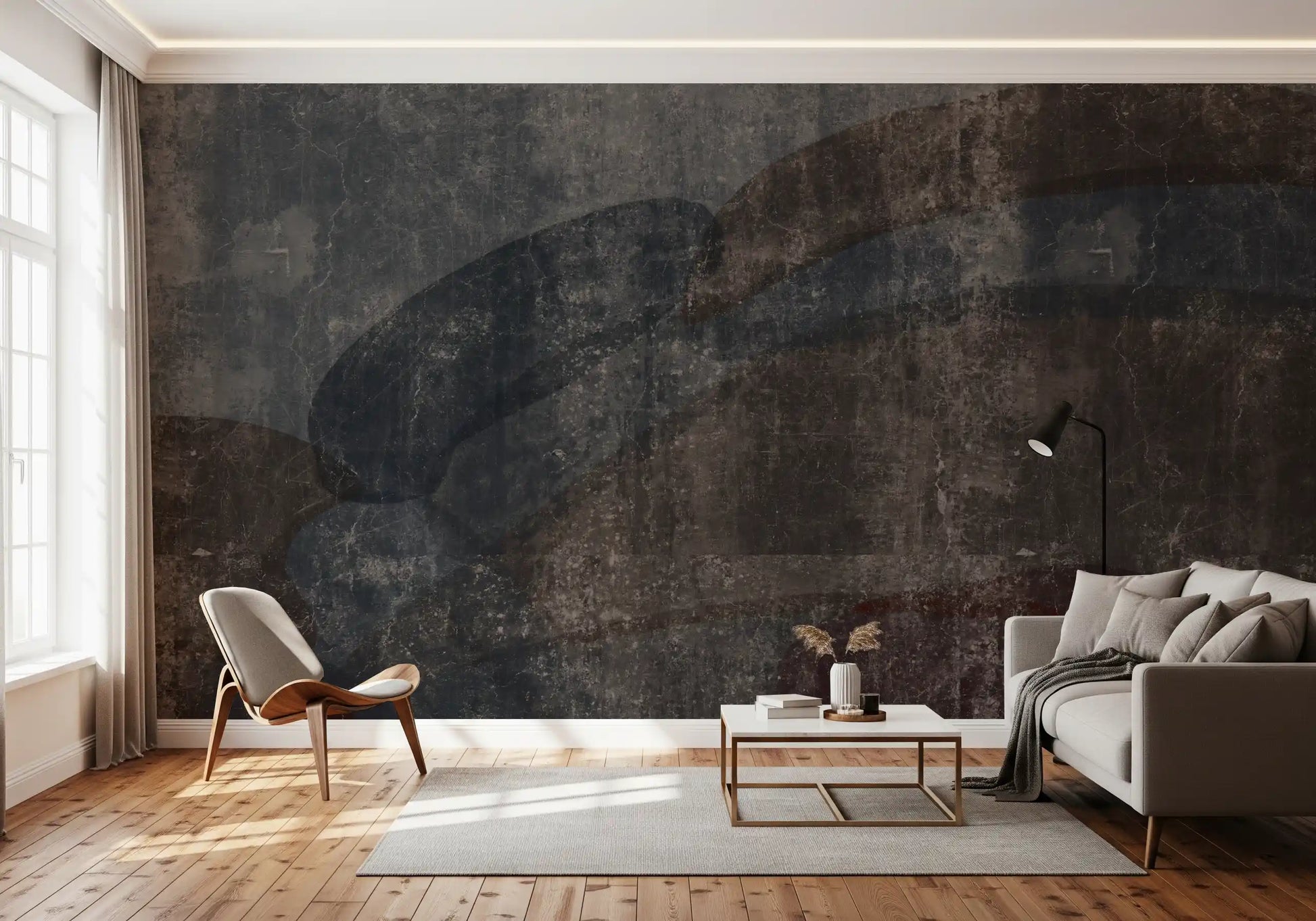 Grainy matte surface shaping the curvilinear slate wall mural motif, GD10869
