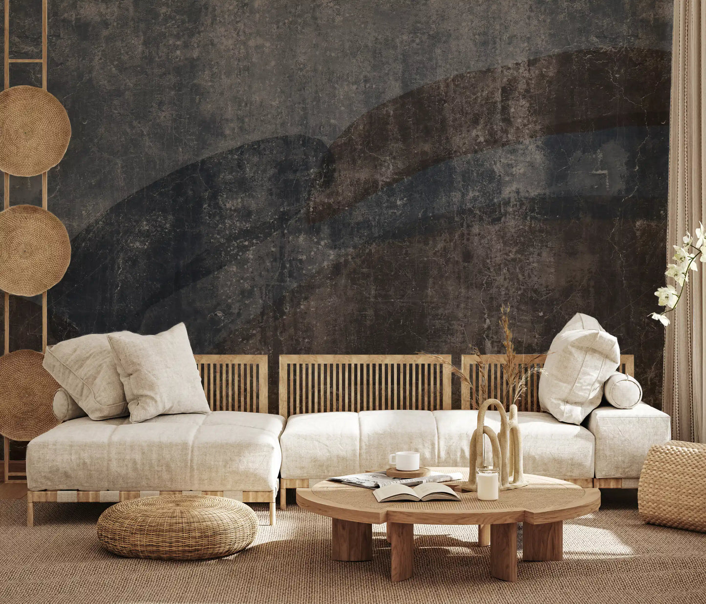 Curvilinear stone forms giving a Living  room quiet depth, rustic wall mural, GD10869
