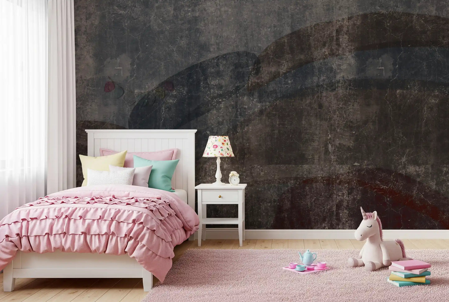 Deep blue and rust hues bleeding through the weathered curvilinear wall mural, GD10869

