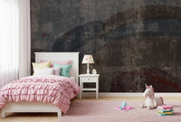 Deep blue and rust hues bleeding through the weathered curvilinear wall mural, GD10869

