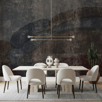 Rustic curvilinear wall mural setting a moody tone in an open dining room, GD10869
