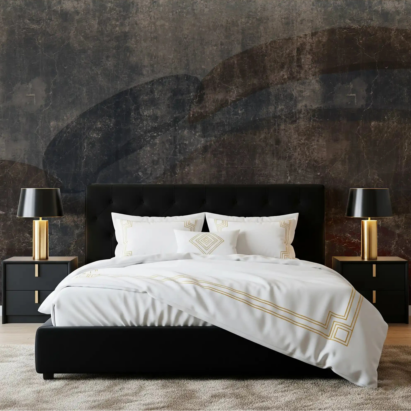 Weathered slate curves calming a bedroom in this curvilinear wall mural, GD10869