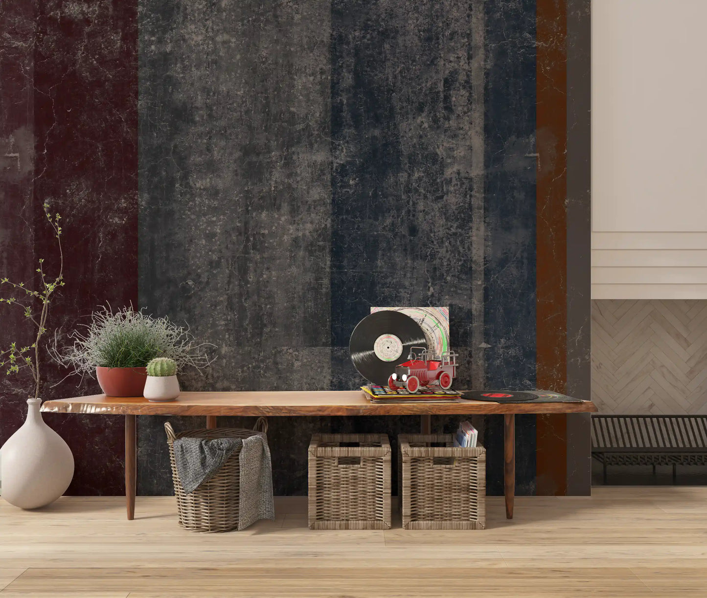 Industrial concrete block wall mural framing a calm Living room GD10870
