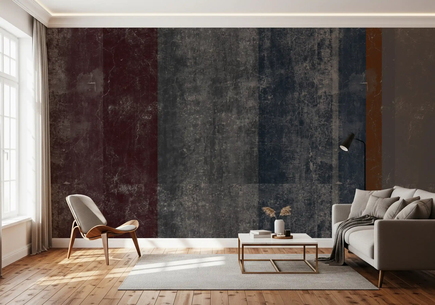 Moody rust and navy stripe wall mural set in a relaxed lounge GD10870

