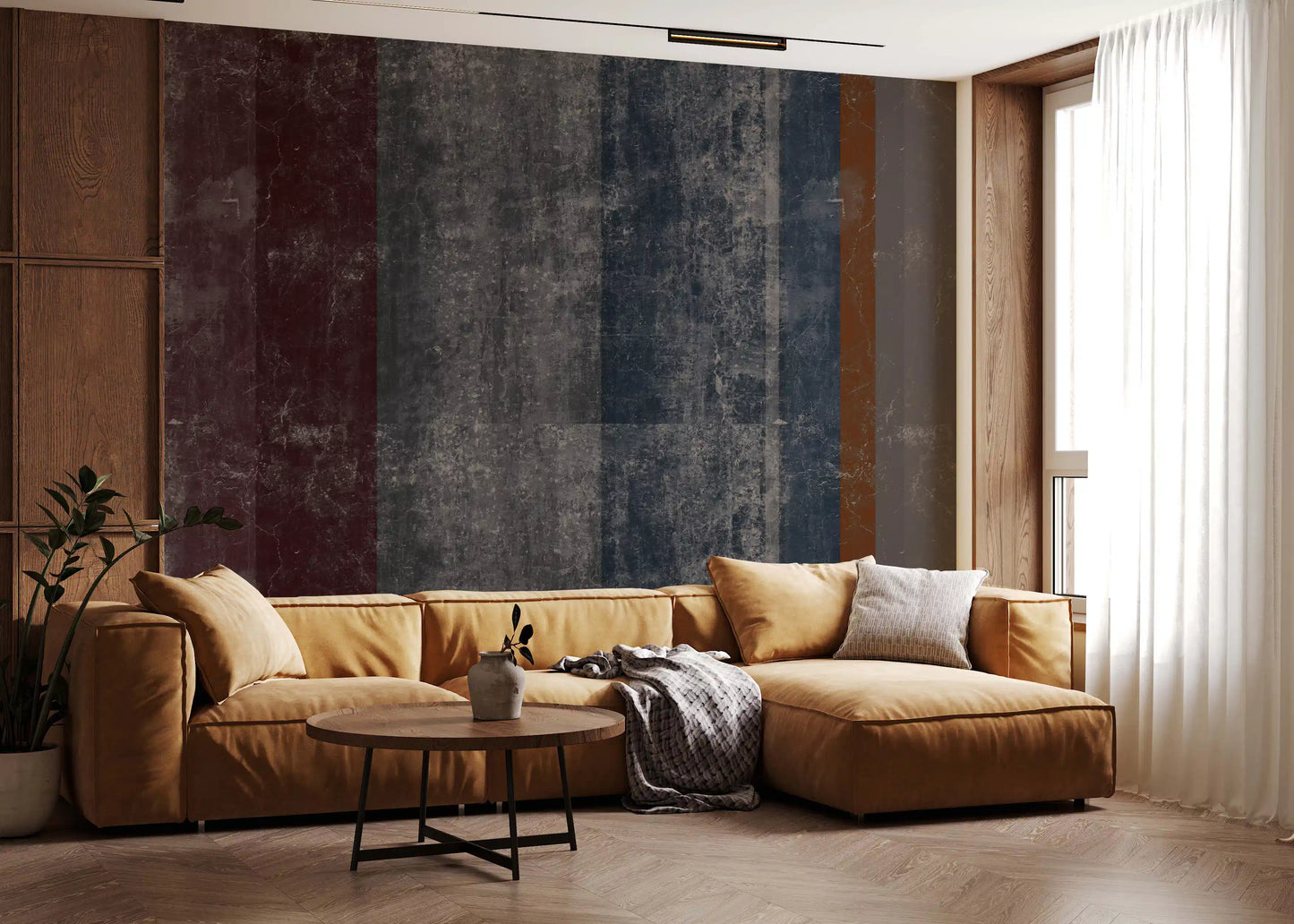 Weathered stripe wall mural mixing burnt orange with slate tones GD10870
