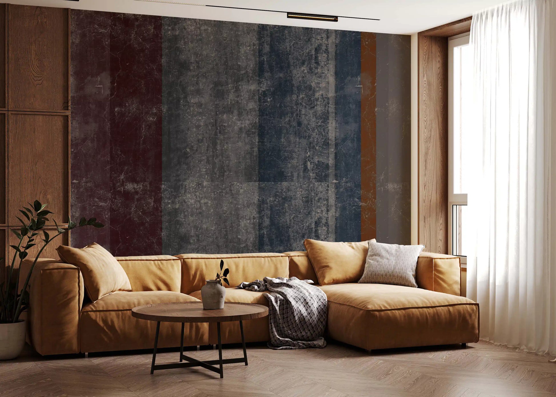 Weathered stripe wall mural mixing burnt orange with slate tones GD10870
