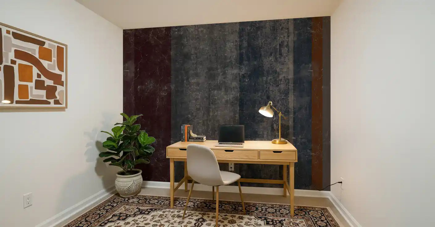 Distressed concrete block wall mural with a rust and navy stripe GD10870
