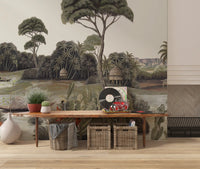 Vintage Exotic Tropical River and Cranes Wall Mural