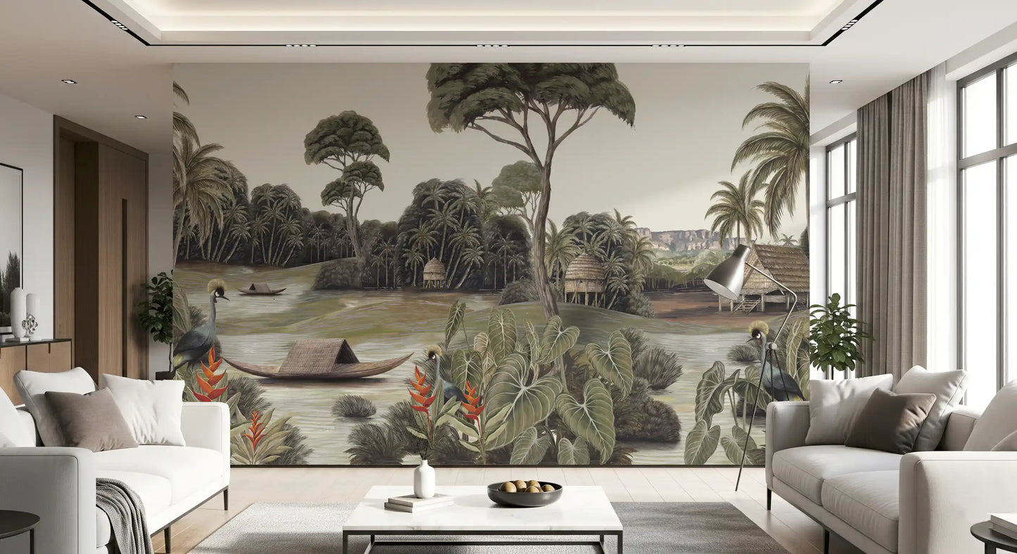 Vintage Exotic Tropical River and Cranes Wall Mural