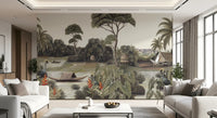 Vintage Exotic Tropical River and Cranes Wall Mural