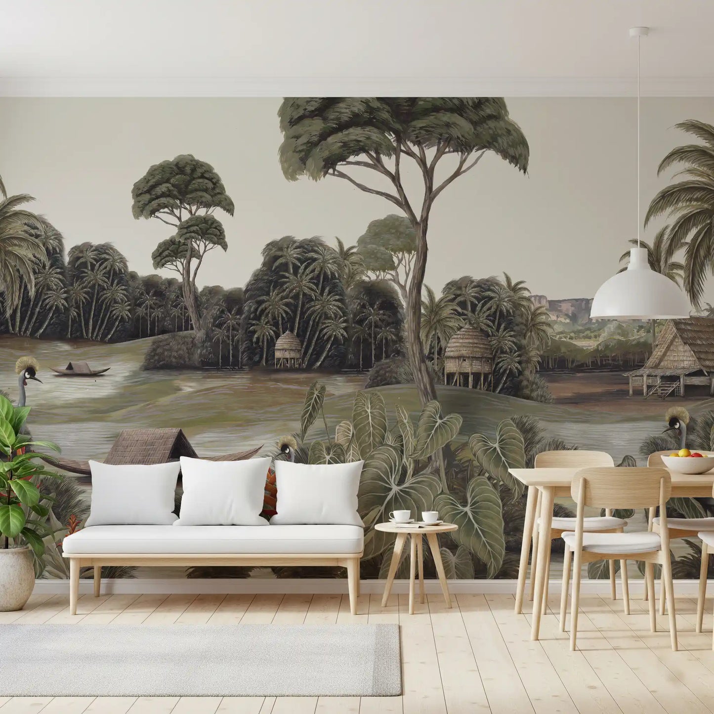 Vintage Exotic Tropical River and Cranes Wall Mural
