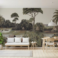 Vintage Exotic Tropical River and Cranes Wall Mural