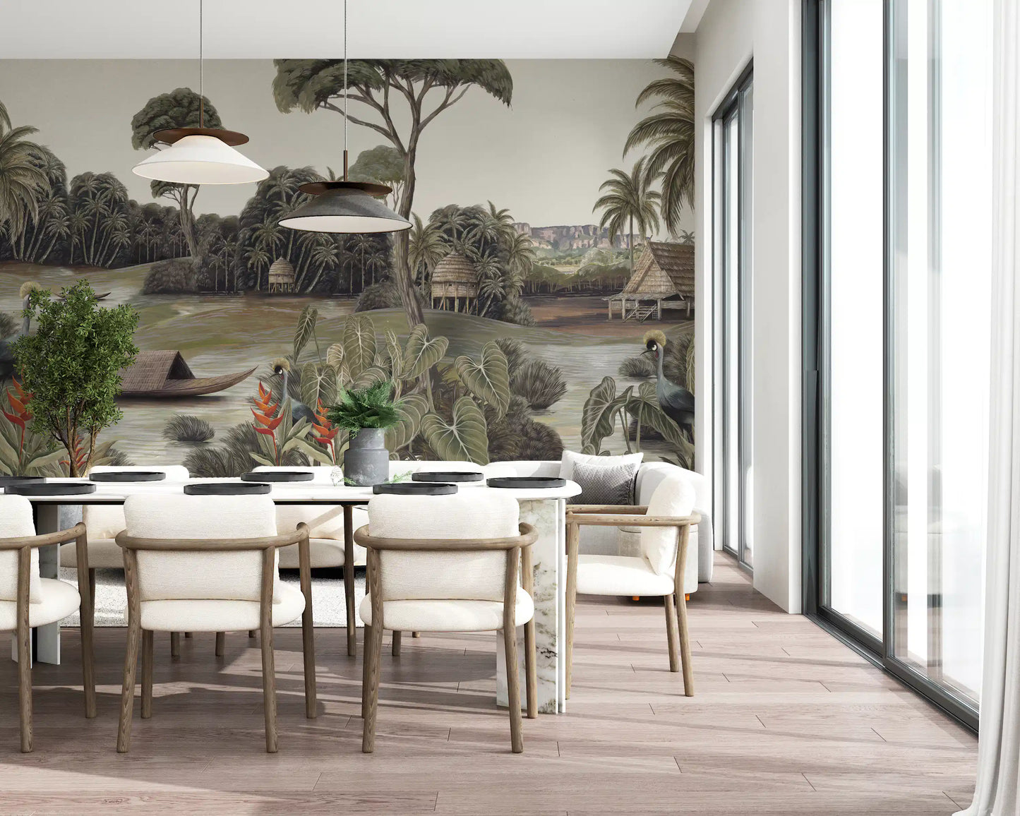 Vintage Exotic Tropical River and Cranes Wall Mural