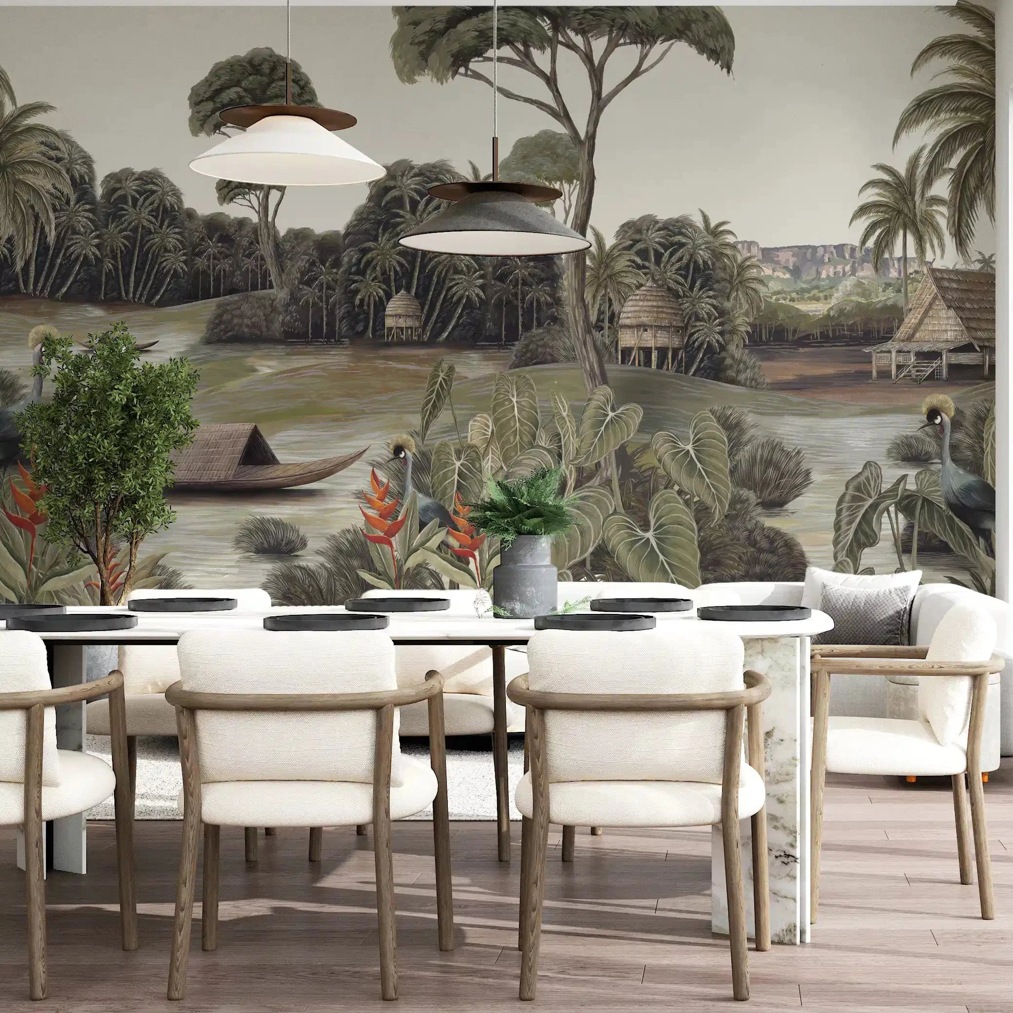 Tropical river cranes wall mural setting a calm dining room GD10872

