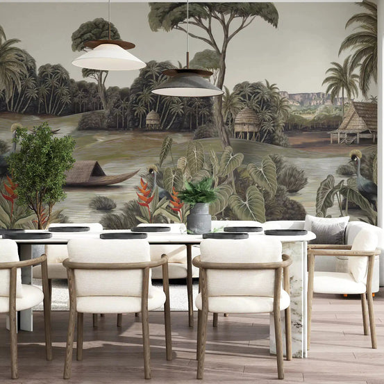 Tropical river cranes wall mural setting a calm dining room GD10872
