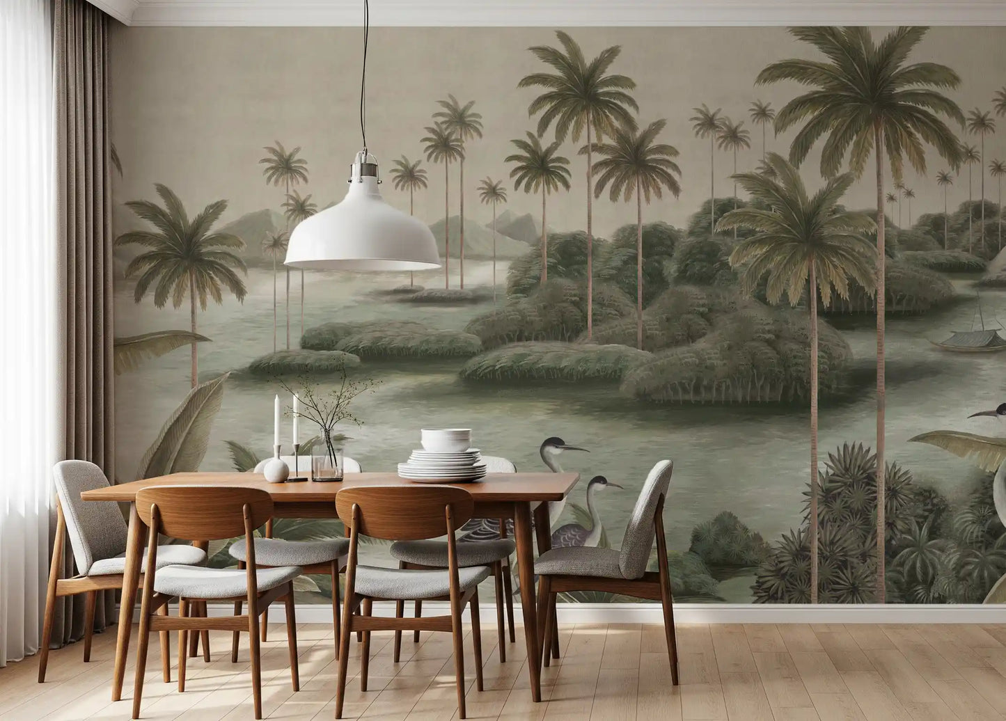 Chinoiserie Tropical Wetland Scenic Wall Mural