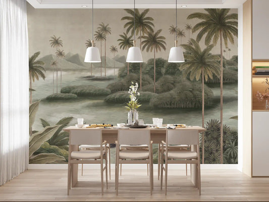 Chinoiserie Tropical Wetland Scenic Wall Mural
