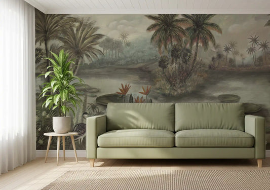 Vintage Tropical Lagoon Scenic Wall Mural