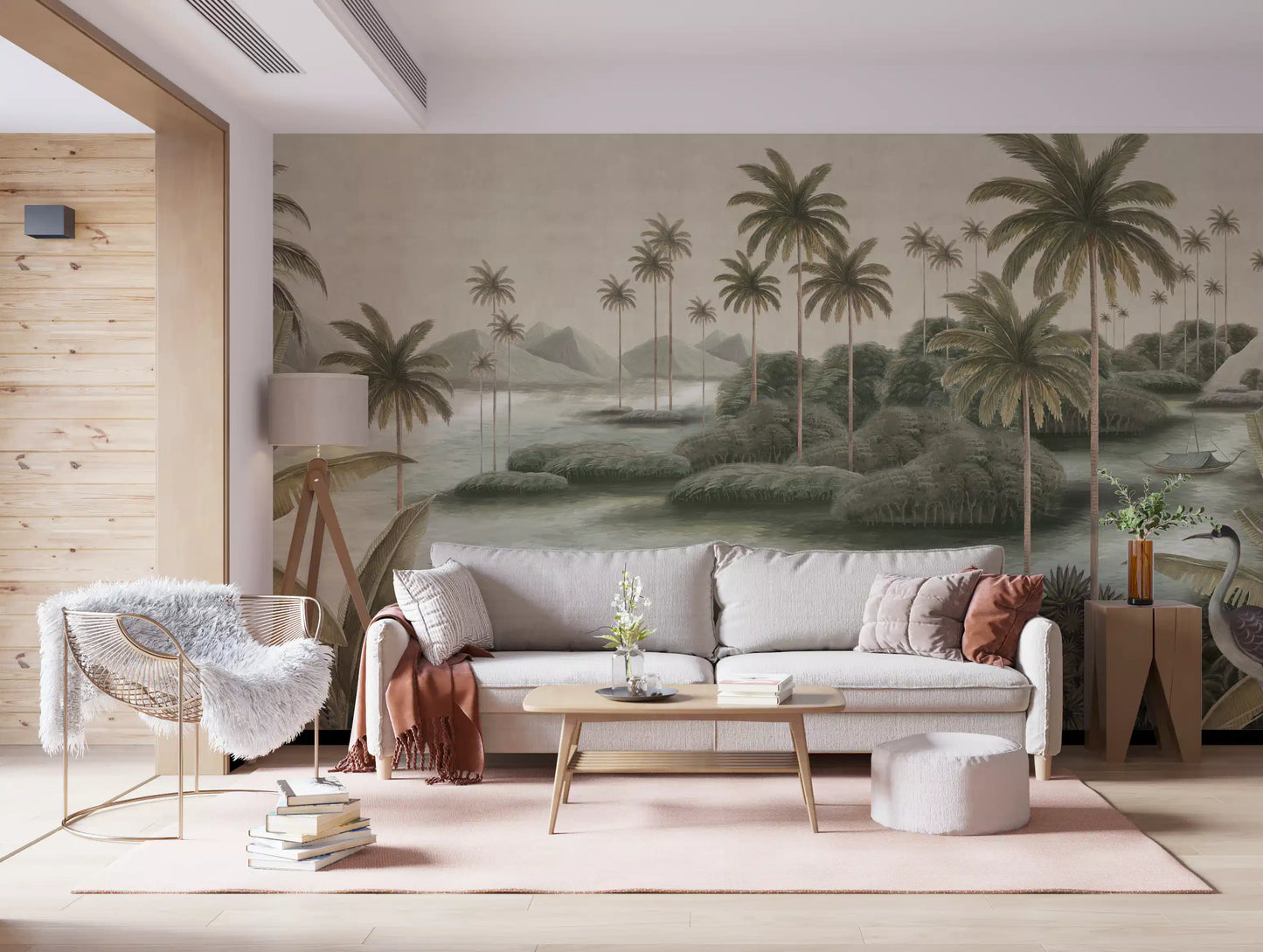 Vintage Chinoiserie Palm & Heron Wall Mural