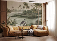 Vintage Chinoiserie Palm & Heron Wall Mural
