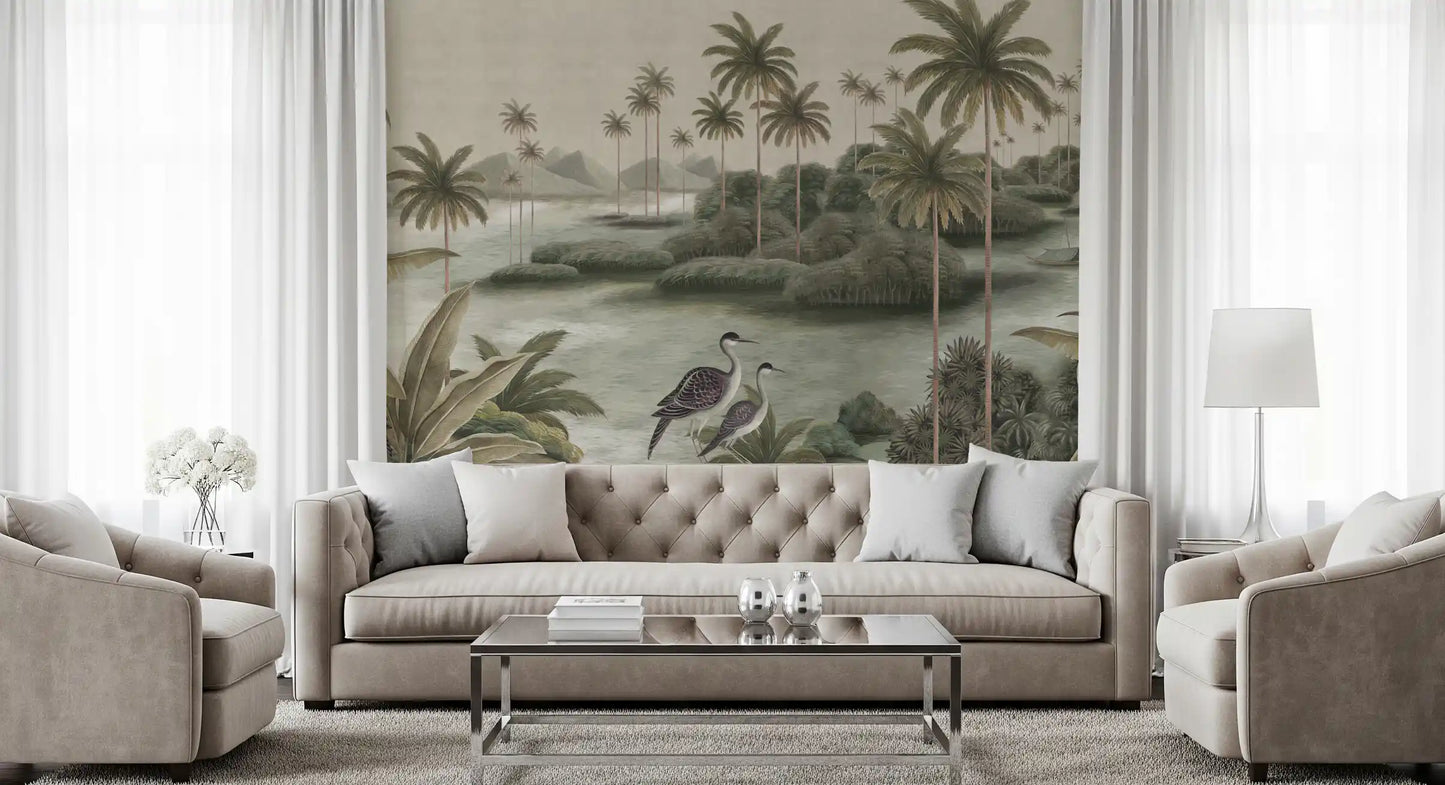 Vintage Chinoiserie Palm & Heron Wall Mural