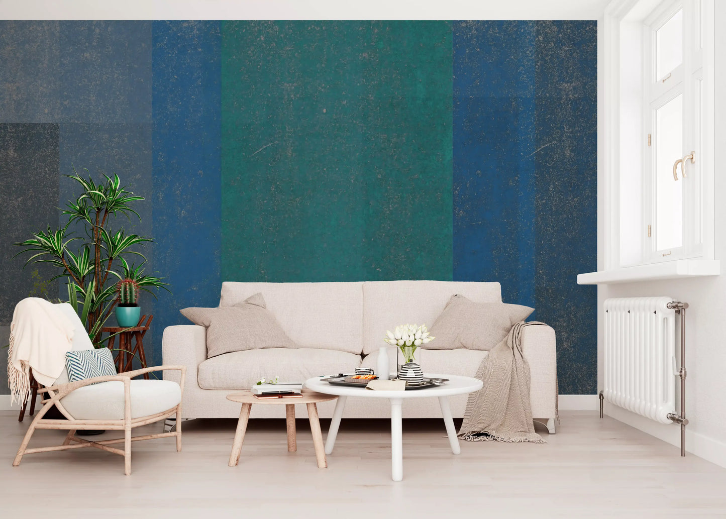 Retro Teal and Blue Textured Color Block Wall Mural