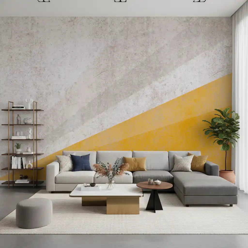 Modern geometric wall mural splitting ochre and gray in a warm living room, GD10881

