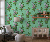 Heron in the Pink Lotus Garden on jade Wallpaper⁠