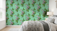 Heron in the Pink Lotus Garden on jade Wallpaper⁠