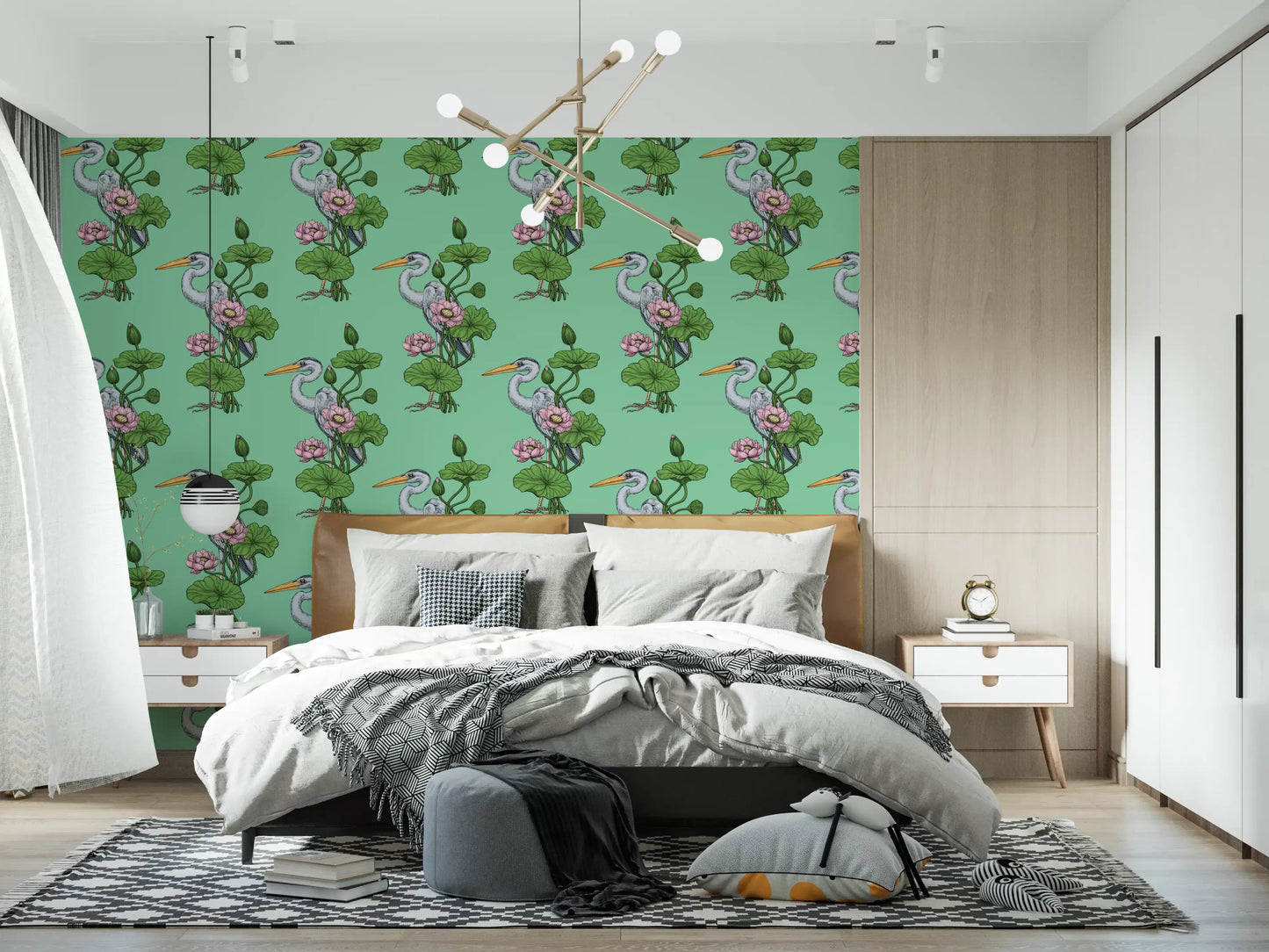 Heron in the Pink Lotus Garden on jade Wallpaper⁠