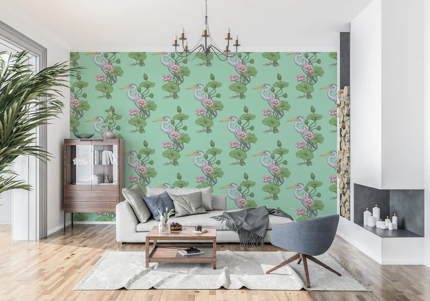 Heron in the Pink Lotus Garden on jade Wallpaper⁠