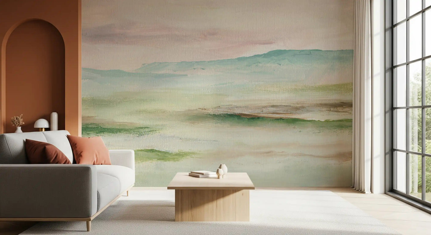 Impressionist Sage and Blush Mountain Mural Wall Mural