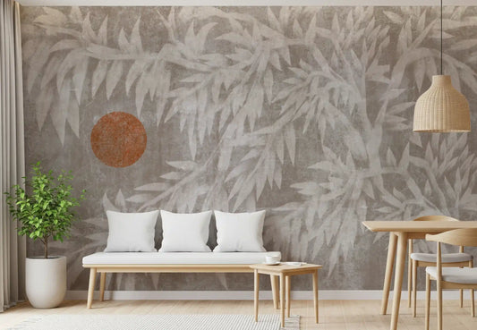 Rustic Japandi Sun and Foliage Wallpaper Wall Mural