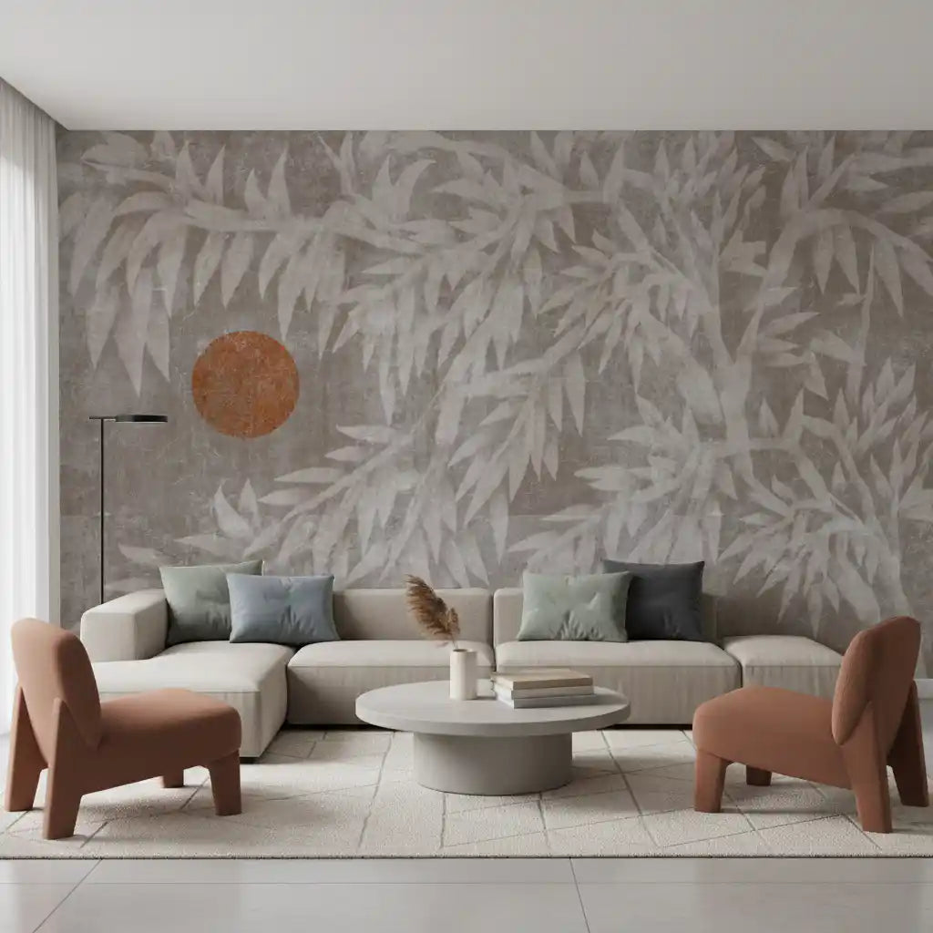 Rustic Japandi Sun and Foliage Wall Mural