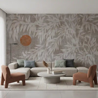 Rustic Japandi Sun and Foliage Wall Mural