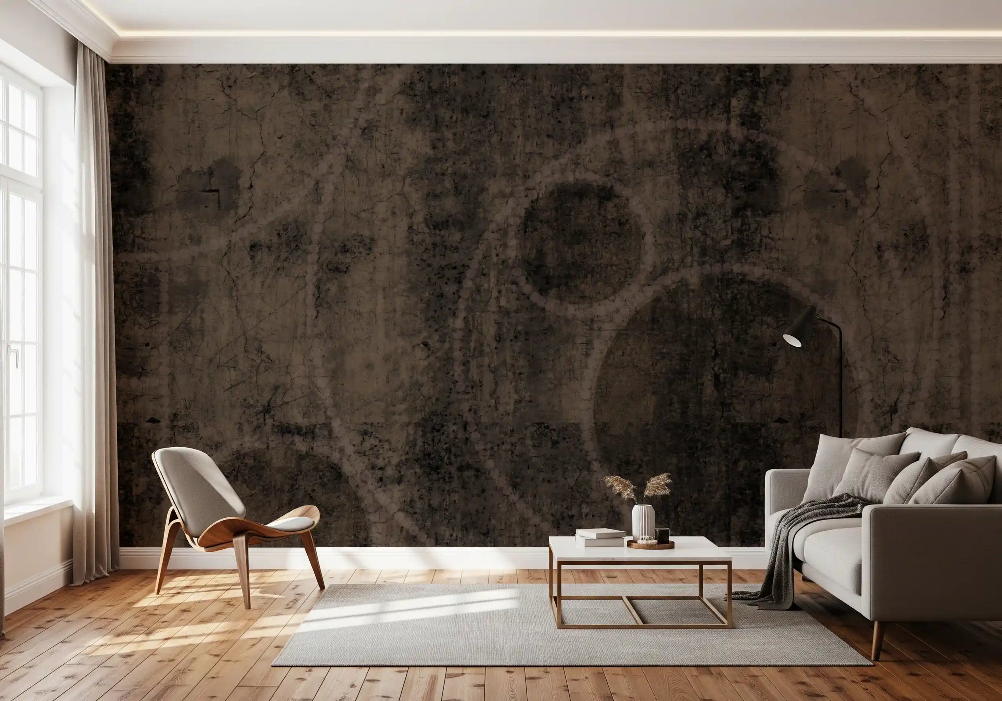 Distressed charcoal stone wall mural grounding a living room with sepia rings, GD10902
