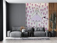 Sweet Ballerina and Pink Hearts Whimsical Wallpaper Wall Mural