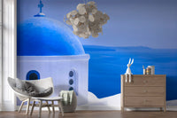 Aegean Serenity: Santorini Blue Dome Wall Mural