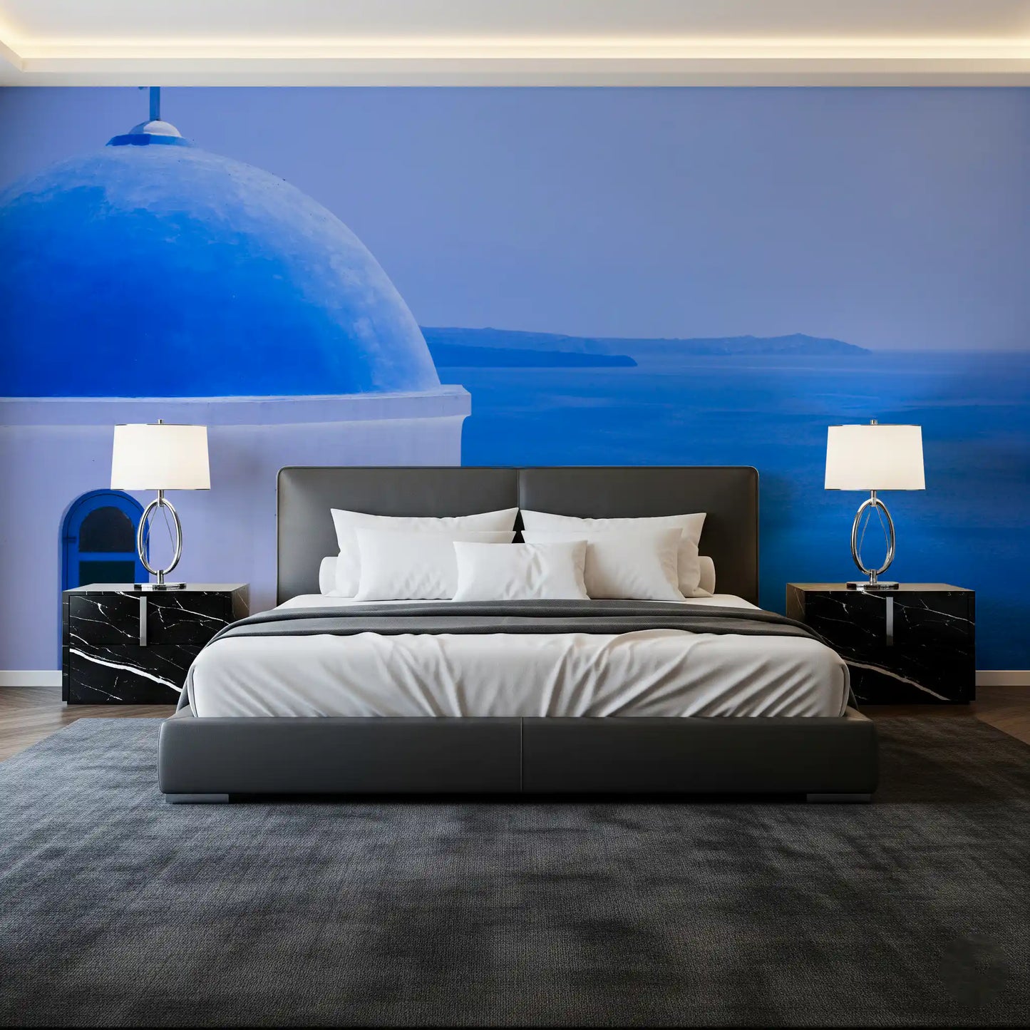 Aegean Serenity: Santorini Blue Dome Wall Mural