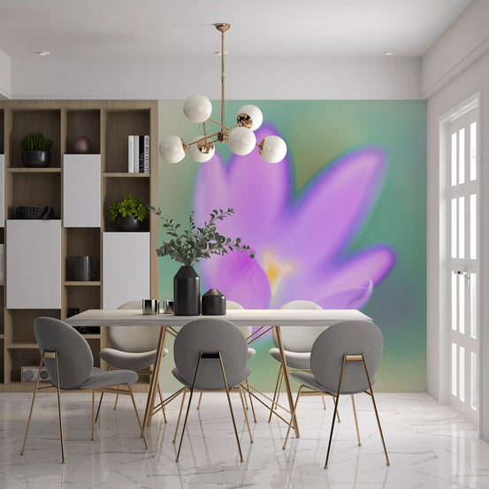 Dining room lit by one purple crocus, the Ethereal Lavender Bloom wall mural GD10907
